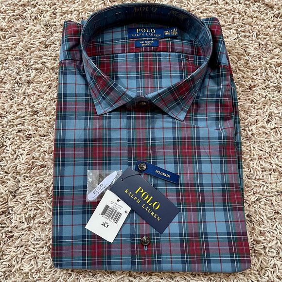 Polo Ralph Lauren Men’s Plaid Stretch Poplin Woven Button Shirt Wine, Size 2XLT - Picture 1 of 2
